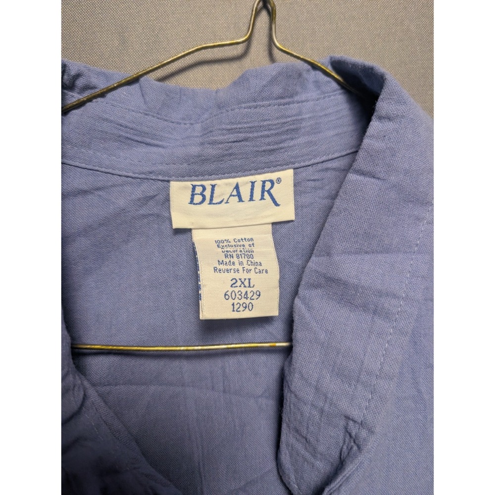 Blair Womens 2XL Blue Cotton Embroidered Floral Ladybug 3/4 Sleeve Button Shirt - Picture 5 of 9